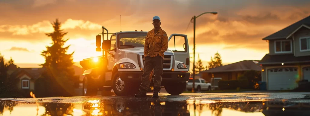 a confident technician in a well-equipped drain cleaning truck stands beside a freshly cleaned drain, showcasing professionalism and industry certifications under the warm golden glow of a tacoma sunset.