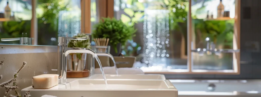 a detailed view of a modern bathroom in tacoma showcases various plumbing fixtures, emphasizing high-quality water filtration systems and the potential for repair, bathed in soft, natural light that highlights the intricate details and textures.