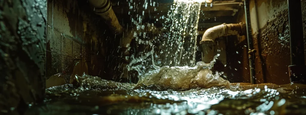 a dramatic close-up of a gushing water pipe amidst a darkened, flooded basement, highlighting the urgency of emergency plumbing services with vivid splashes reflecting overhead light.