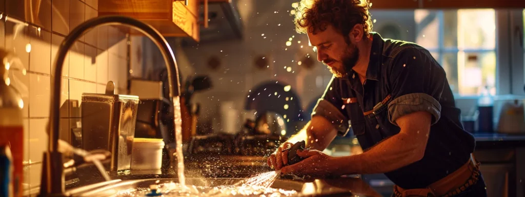 a dramatic urban scene captures a skilled emergency plumber focused intently on repairing a major leak under a sink, with water cascading and glistening in the warm light of a nearby utility room, highlighting the urgency of swift plumbing solutions in tacoma.