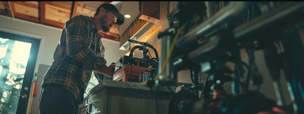a dynamic and engaging scene of a modern plumber expertly utilizing trenchless technology on a residential property in tacoma, wa, with a focus on the sleek equipment and the satisfaction of a homeowner observing the efficient solution to their plumbing issue.