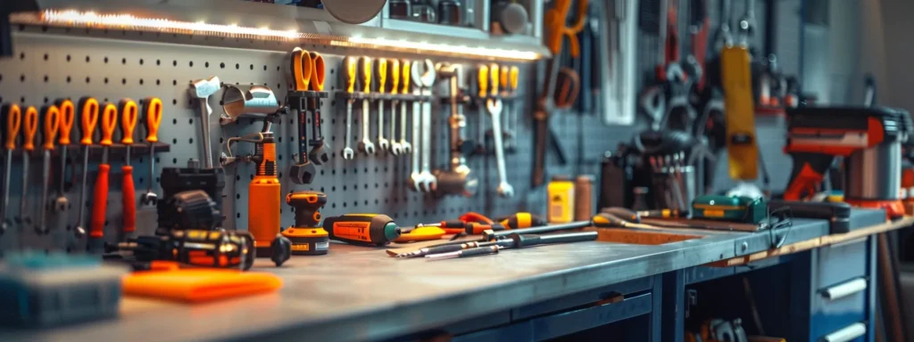 a dynamic, close-up shot of a gleaming, modern plumbing toolkit arranged on a pristine workbench, illuminated by bright overhead lights, symbolizing the expertise and readiness of 24/7 emergency plumbing services in tacoma.