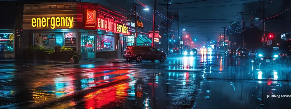 a dynamic urban night scene in tacoma showcases a glowing neon sign proclaiming "emergency plumbing services" against the backdrop of rain-soaked streets reflecting vibrant city lights, evoking a sense of urgency and reliability.