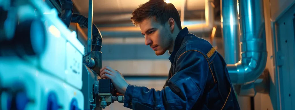 a dynamic urban setting showcases a technician in smart work attire, confidently inspecting a malfunctioning heating unit inside a modern residential space, illuminated by bright artificial lights reflecting urgency in an hvac emergency repair scenario.