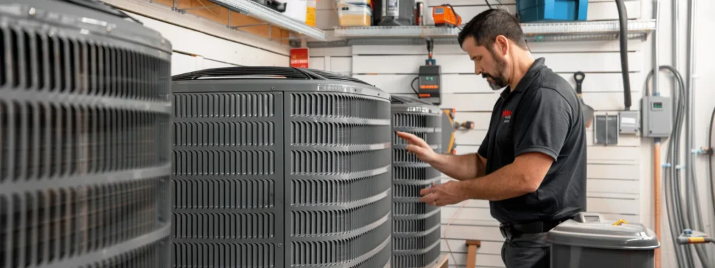 a focused air conditioner specialist inspects a sleek, modern hvac system in a bright, organized workshop, showcasing their expertise with tools and certifications prominently displayed in the background.