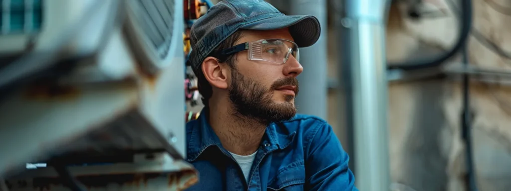 a focused air conditioning technician inspects a sleek, modern hvac unit within a well-organized urban workshop, surrounded by tools and diagnostic equipment that highlight the expertise in installation and repair services.