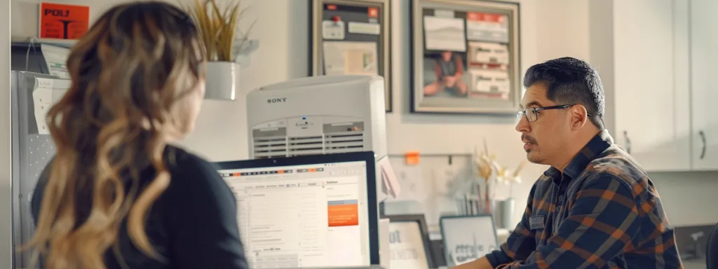 a focused hvac contractor consults with a homeowner in a sleek, modern office, surrounded by detailed service brochures and charts highlighting technician qualifications and service agreements, emphasizing professionalism and informed decision-making in home climate control.