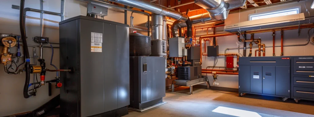 a focused hvac technician is meticulously examining a modern, industrial-style basement unit, surrounded by diagnostic equipment and tools, highlighting the urgency and professionalism required during an emergency service call.