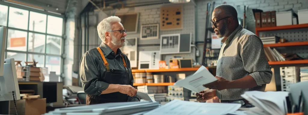 a focused interior scene in a modern office with a professional hvac contractor engaged in a discussion with a homeowner, surrounded by technical diagrams and pricing charts, emphasizing the importance of asking key questions for effective service.