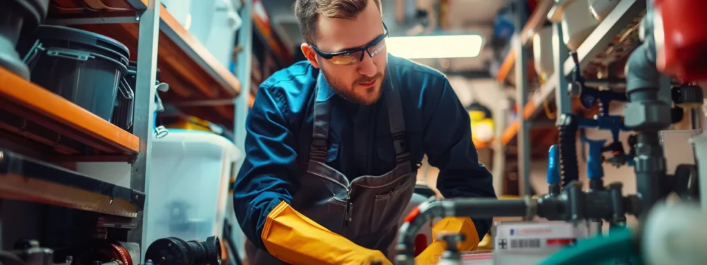 a focused shot of a professional drain cleaning expert examining a clogged pipe in a well-lit, modern basement, showcasing their expertise and the tools of their trade against a backdrop of organized plumbing supplies.