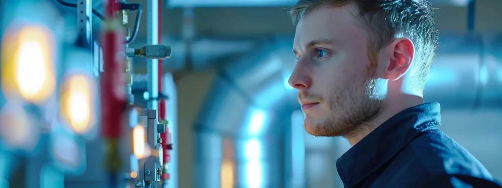 a focused technician inspects a modern air heating system in a sleek, well-lit residential utility room, highlighting potential malfunctions with advanced diagnostic tools and clear signs of wear.