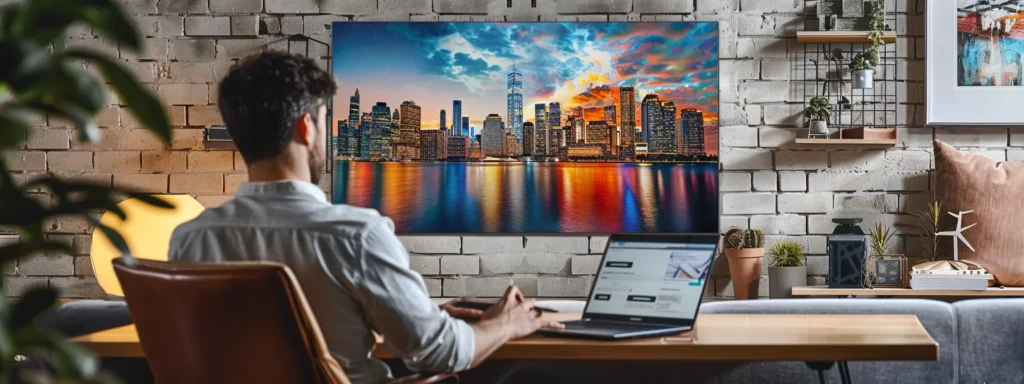 a focused urban office scene captures a professional conducting an online search for hvac contractor reviews on a sleek laptop, surrounded by vibrant city skyline artwork and modern decor, emphasizing reliability in home comfort solutions.