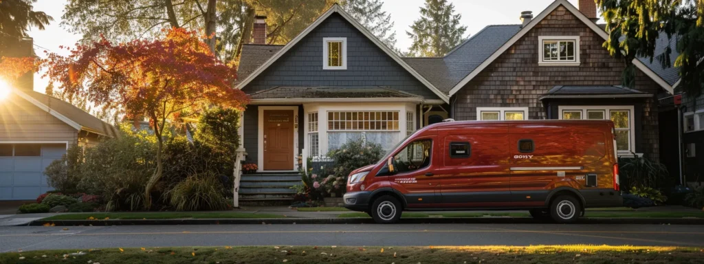 a gleaming, modern plumbing van parked in front of a charming tacoma home, illuminated by warm afternoon sunlight, showcasing the trustworthiness and professionalism of top-notch plumbing services.