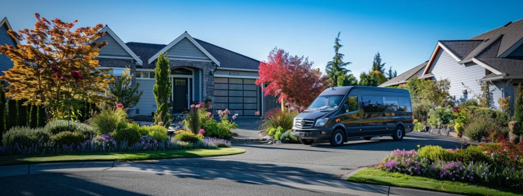 a gleaming, modern plumbing van parked outside a pristine tacoma home, with vibrant flowers flanking the entrance and sunlight illuminating the clear blue sky above.