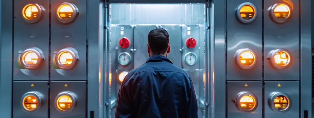 a high-tech hvac control panel displays warning lights and gauges in a sleek, modern office environment, symbolizing urgent maintenance needs as an hvac technician examines the system with a focused expression.