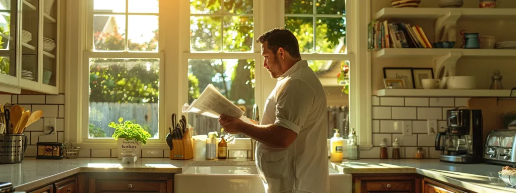 a homeowner is thoughtfully reviewing detailed quotes from multiple tacoma plumbers in a well-lit, inviting kitchen, surrounded by plumbing tools and service brochures, symbolizing informed decision-making in plumbing emergencies.