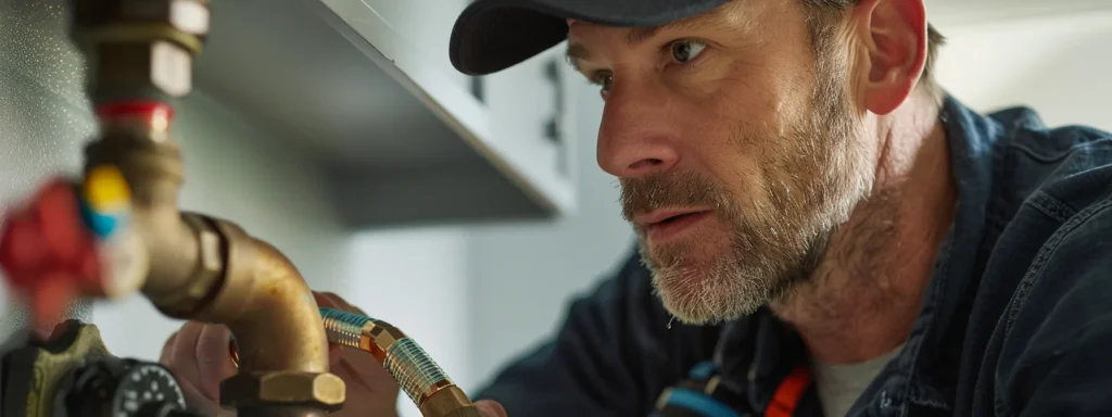 a knowledgeable plumber assesses a leaky pipe in a well-lit, modern tacoma home, showcasing professionalism and expertise in emergency repairs.