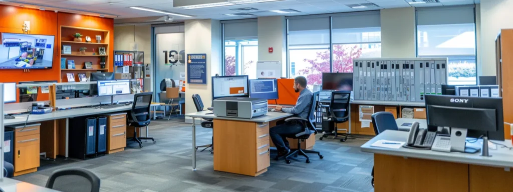 a modern, bustling hvac office featuring a professional contractor discussing comprehensive service options with a client, surrounded by sleek displays of advanced hvac systems and vibrant promotional materials highlighting warranties and maintenance contracts, all under bright, focused lighting.