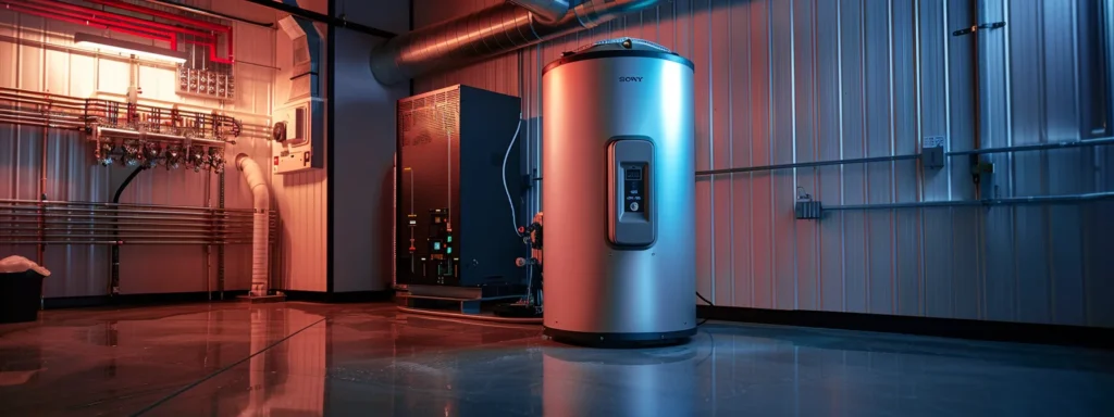 a modern, energy-efficient commercial water heater gleams under bright lights, showcasing its sleek design and smart technology features, set against a backdrop of eco-friendly elements to highlight sustainability in tacoma's business landscape.