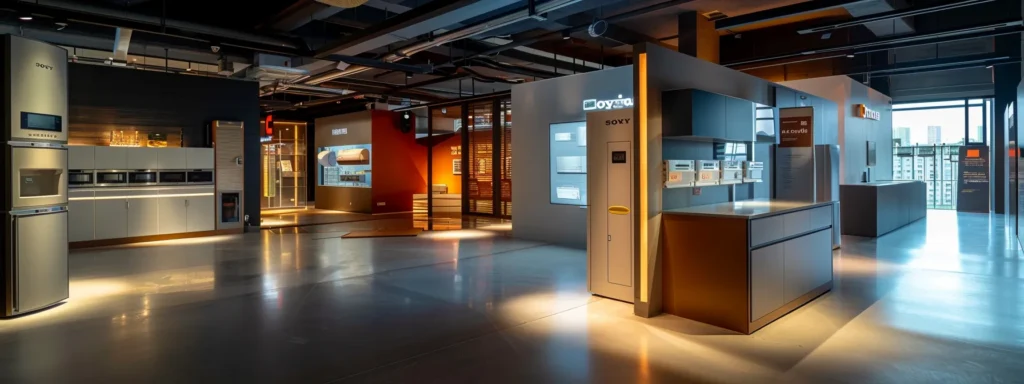 a modern hvac showroom displays sleek and efficient central heating and cooling units, including forced air systems and heat pumps, set against a polished urban backdrop illuminated by bright, focused lighting that emphasizes their innovative designs and technology.