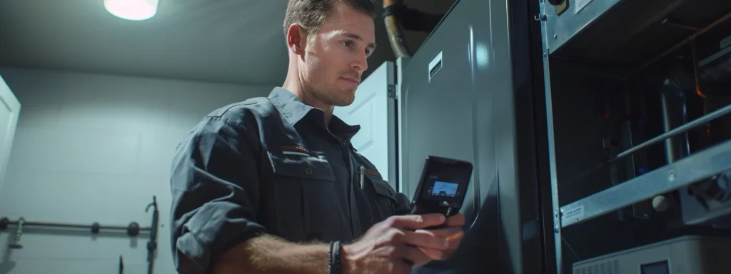 a modern hvac technician conducts an inspection and tune-up of a sleek, high-efficiency climate control system in a bright, organized home utility room, showcasing tools and equipment that reflect professionalism and trust in residential maintenance.