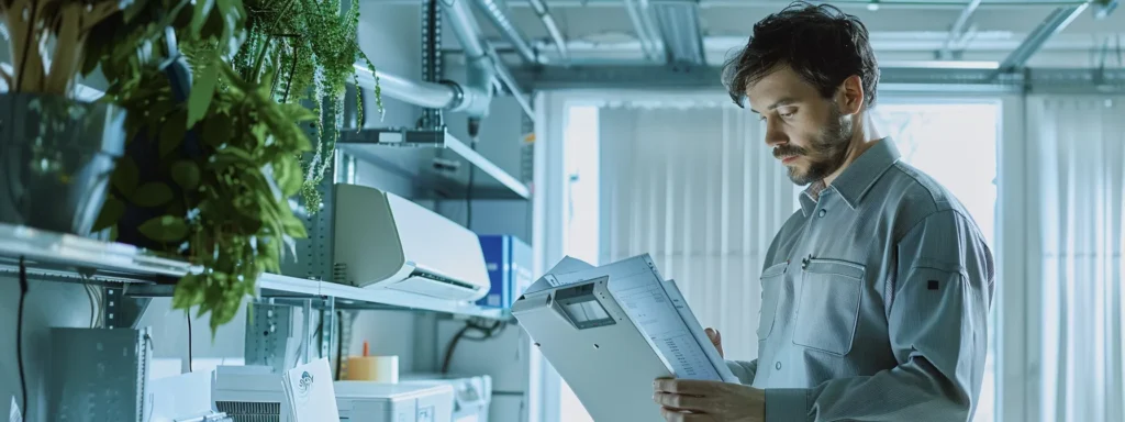 a modern hvac technician inspects a sleek indoor unit, surrounded by tools and maintenance documents, in a bright, organized office space that emphasizes proactive care and efficient service.