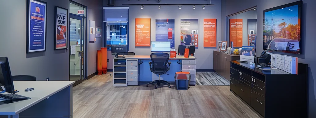 a modern las vegas office space featuring a sleek desk with a computer displaying a service request form, surrounded by vibrant promotional materials for hvac and plumbing services, conveying a sense of urgency and professionalism.