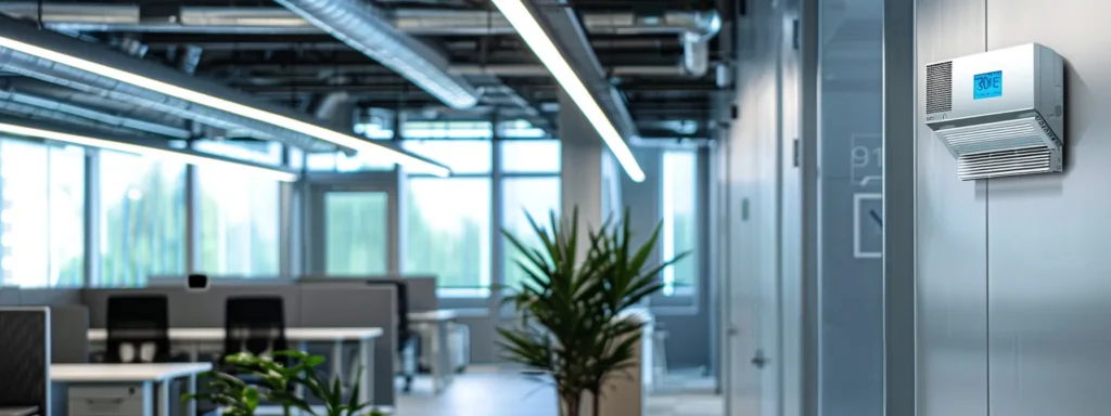 a modern office environment in salt lake city showcases a sleek hvac control panel with a digital display, surrounded by energy-efficient appliances and ductwork, illuminated by focused led lighting to emphasize the theme of optimizing energy efficiency in indoor spaces.