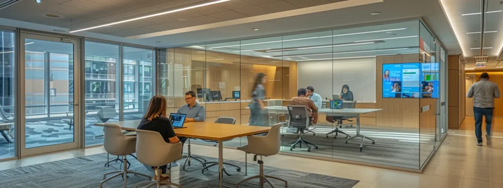 a modern office space features a sleek conference table adorned with digital tablets displaying contractor profiles, emphasizing the professionalism and responsiveness of service providers in a collaborative atmosphere.