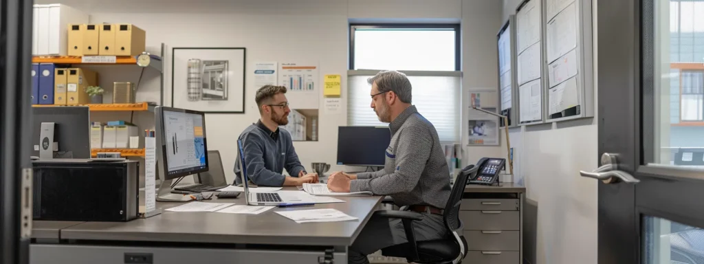 a modern office space features a focused discussion between a homeowner and a professional hvac technician, surrounded by documents detailing equipment specifications and estimates, illuminated by bright, focused lighting that emphasizes a collaborative atmosphere for informed decision-making.