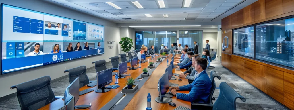 a modern office space featuring a sleek conference table, where a diverse group of professionals is engaged in a dynamic discussion while reviewing hvac service provider credentials displayed on digital tablets, highlighting the importance of thorough assessments in a competitive market.