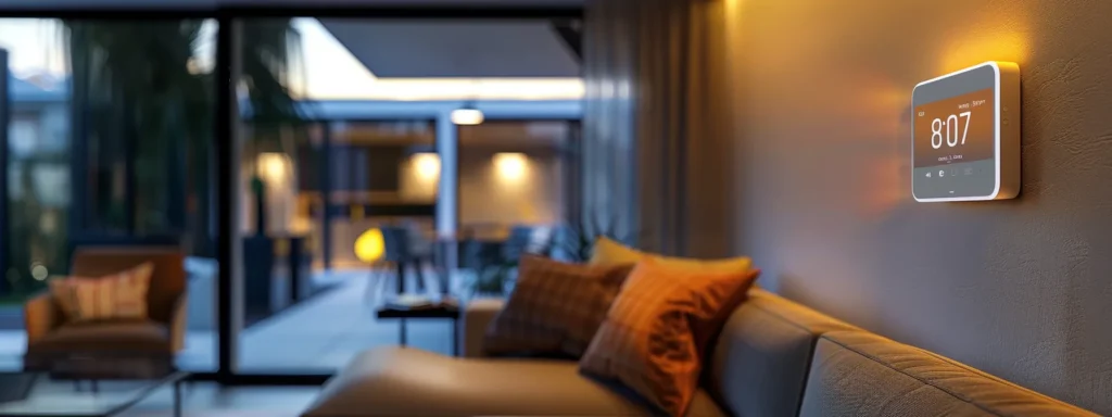 a modern residential living room, featuring a sleek, high-tech smart thermostat displaying real-time temperature control, illuminated by soft indoor lighting, emphasizing comfort and safety in a cozy yet sophisticated atmosphere.