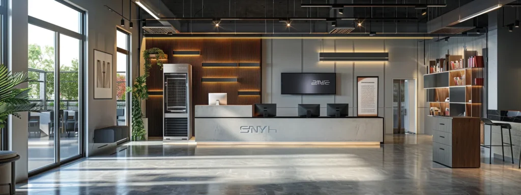 a modern, sleek hvac service office features a well-organized reception area with colorful brochures on energy-efficient heating and cooling systems, showcasing various residential hvac solutions amid a backdrop of professionally dressed staff engaged in consultations.