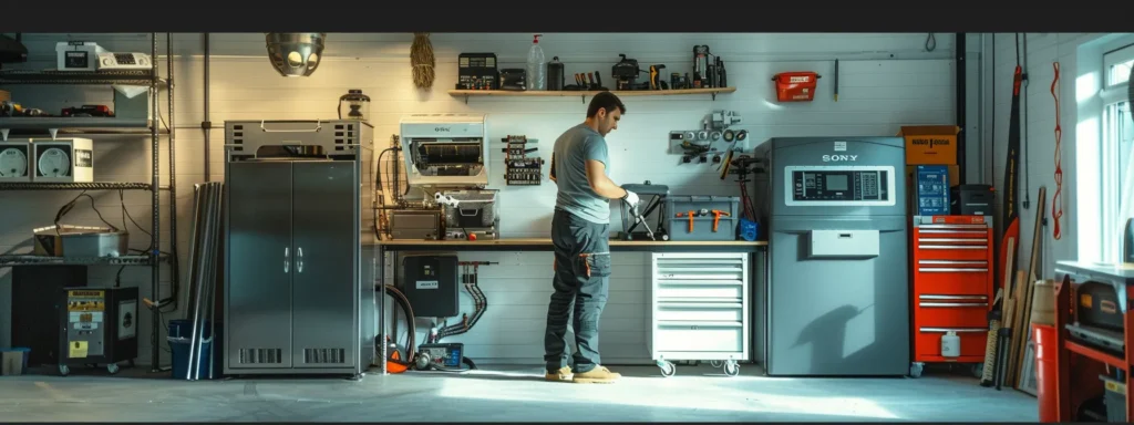 a modern, well-organized home maintenance workshop showcases a technician inspecting a sleek air heating unit, surrounded by tools and equipment that highlight the intricacies of common heating repairs.