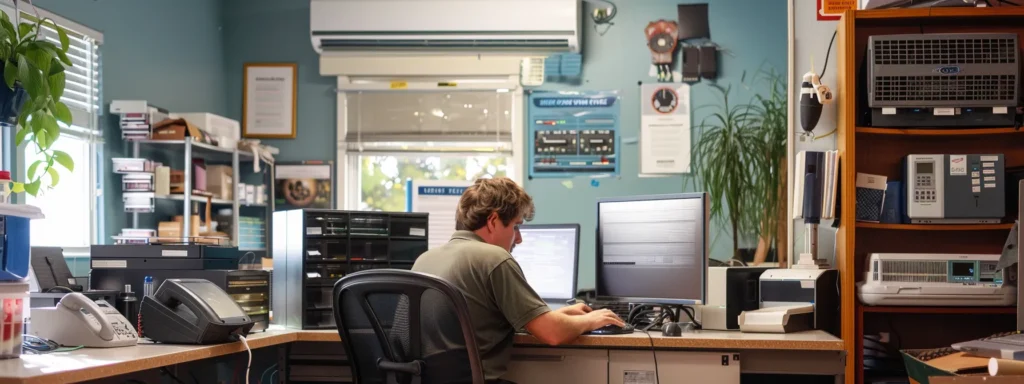 a modern, well-lit hvac service office displays an air conditioner technician analyzing an advanced diagnostic tool, surrounded by technical manuals and equipment, emphasizing the importance of professional air conditioning maintenance.