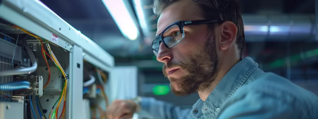 a modern, well-lit hvac service office displays a technician inspecting an intricate air conditioning unit, surrounded by diagnostic tools and schematics, highlighting the meticulous process of assessing local hvac needs.