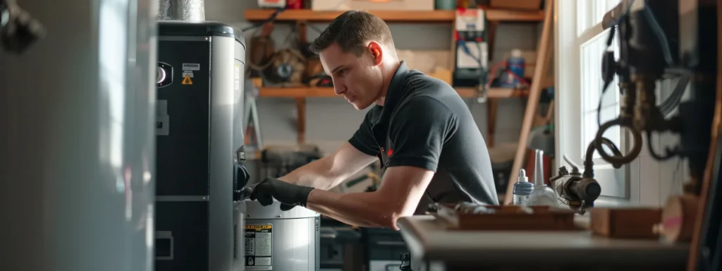 a modern, well-organized home utility room showcases a professional technician performing routine maintenance on a sleek air heating system, highlighting the importance of upkeep for increased efficiency and home comfort.