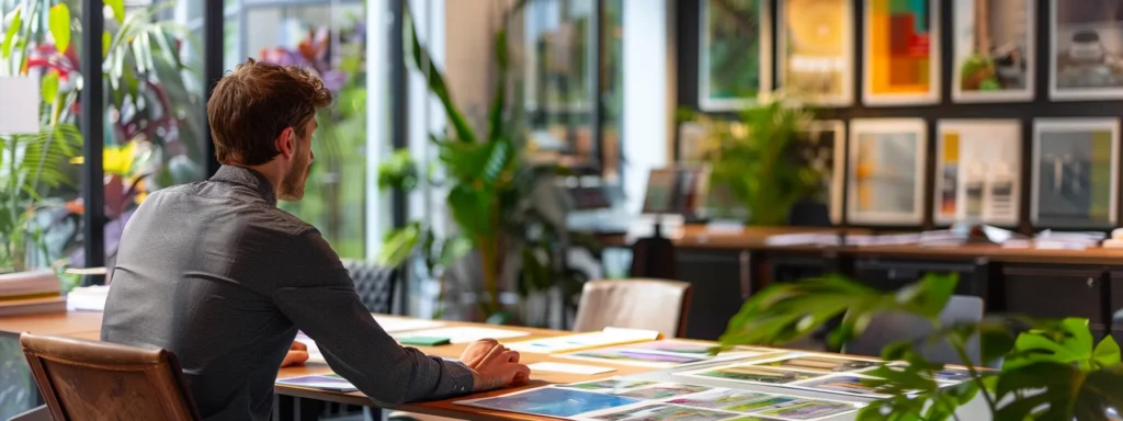 a modern, well-lit office space featuring a large conference table cluttered with detailed, color-coded hvac quotes and estimates, while a focused homeowner examines the documents with a thoughtful expression.