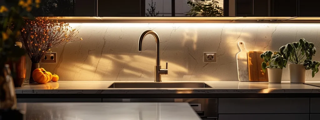 a polished kitchen featuring a high-end, sleek faucet beside a well-worn, budget-friendly sink, illuminated by warm, soft lighting to emphasize the contrast between luxury and affordability in plumbing services.