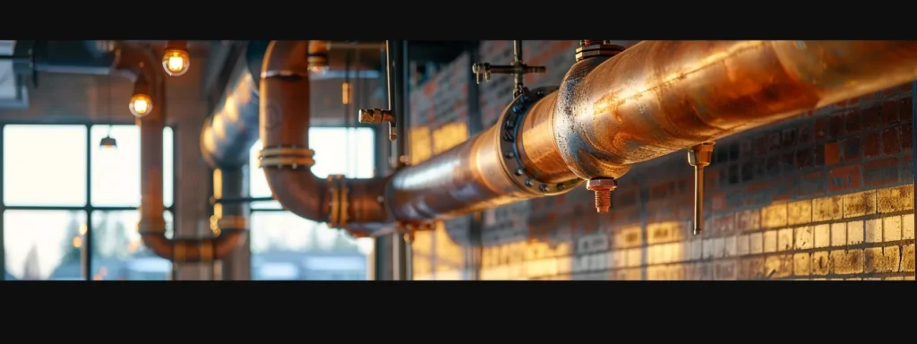 a professional commercial plumber inspects a gleaming set of industrial pipes in a well-lit tacoma office, highlighting the importance of efficiency and reliability in maintaining business operations.