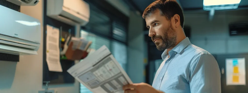 a professional hvac contractor evaluates a sophisticated air conditioning system in a sleek, modern office environment, surrounded by detailed charts and tools, emphasizing expertise and precision in service selection.