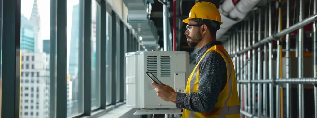 a professional hvac technician inspects a modern air conditioning unit in a sleek manhattan office, highlighting the urgent need for repair and maintenance amidst a backdrop of bustling city life and towering skyscrapers.