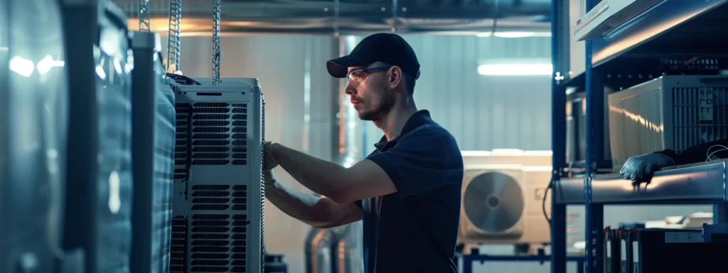 a professional hvac technician inspects a sleek, modern air conditioning unit in a well-lit office environment, highlighting the importance of routine maintenance and efficiency in climate control systems.