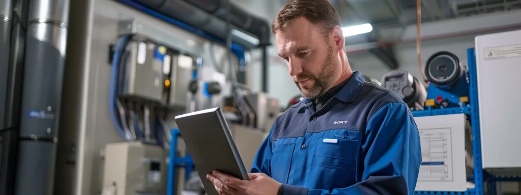 a professional hvac technician attentively reviews customer support inquiries on a sleek tablet in a modern office setting, surrounded by technical equipment and charts illustrating service response times.