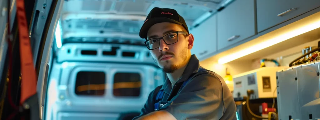 a professional hvac technician in a modern, well-lit service van checks advanced heating and cooling equipment, showcasing their expertise and readiness to provide 24-hour emergency services in a bustling urban environment.