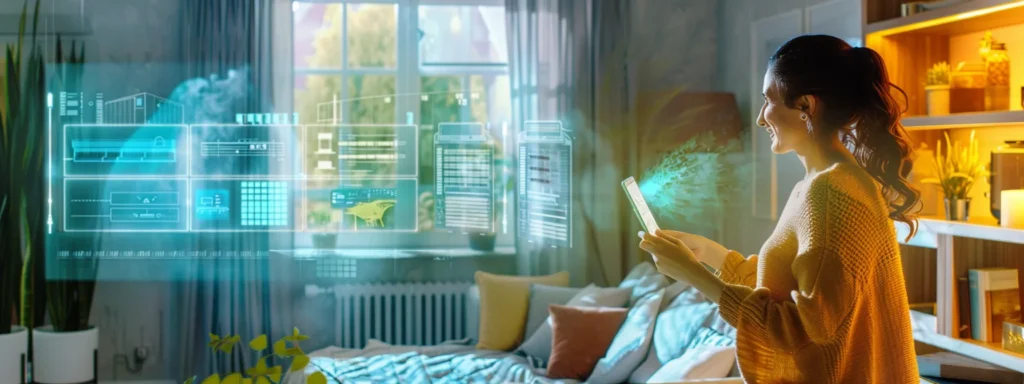 a professional interior setting showcases a homeowner engaging with a digital device, surrounded by neatly arranged brochures and energy efficiency charts, illustrating various hvac systems and highlighting methods to enhance residential comfort and sustainability.