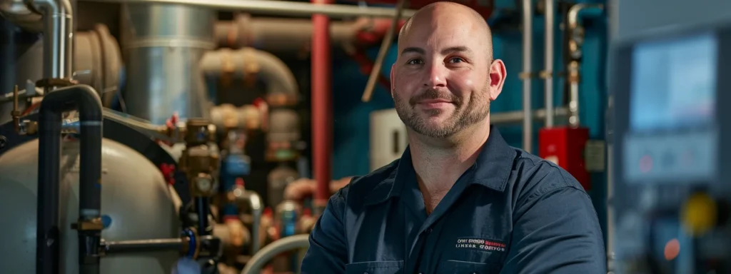 a professional plumber wearing a crisp uniform confidently inspects complex piping in a commercial facility, surrounded by tools and equipment under bright, focused lighting that highlights his expertise and the cleanliness of the workspace.