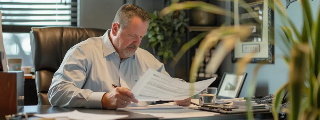 a professional setting showcases a focused hvac contractor reviewing certification documents and client testimonials at a sleek office desk, emphasizing trust and expertise in local service quality.