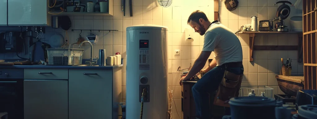 a professional technician efficiently installs a modern storage water heater in a well-lit, tidy utility room, showcasing the contrast between swift installation and the potential chaos of diy projects.