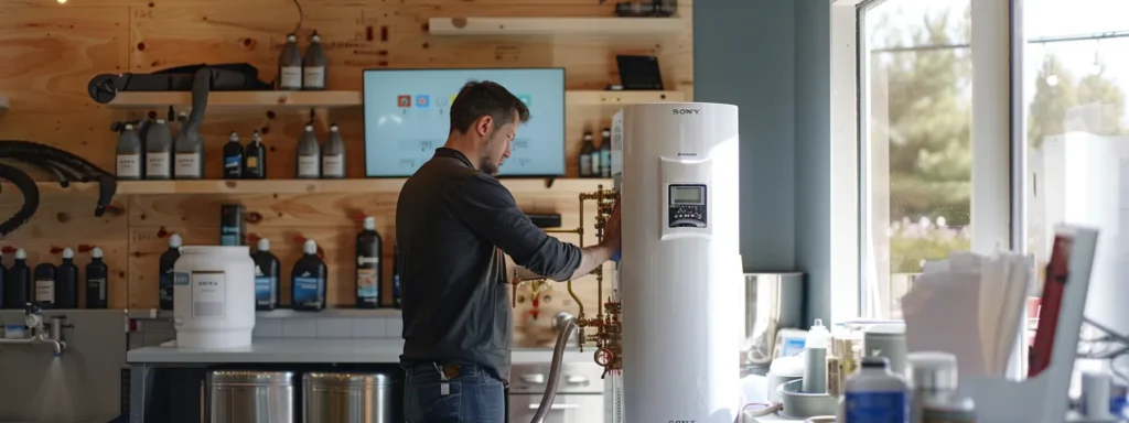 a professional technician expertly installing a gleaming new water heater in a modern tacoma business, surrounded by clear performance metrics displayed on a digital screen, highlighting the seamless blend of reliability and innovative technology.
